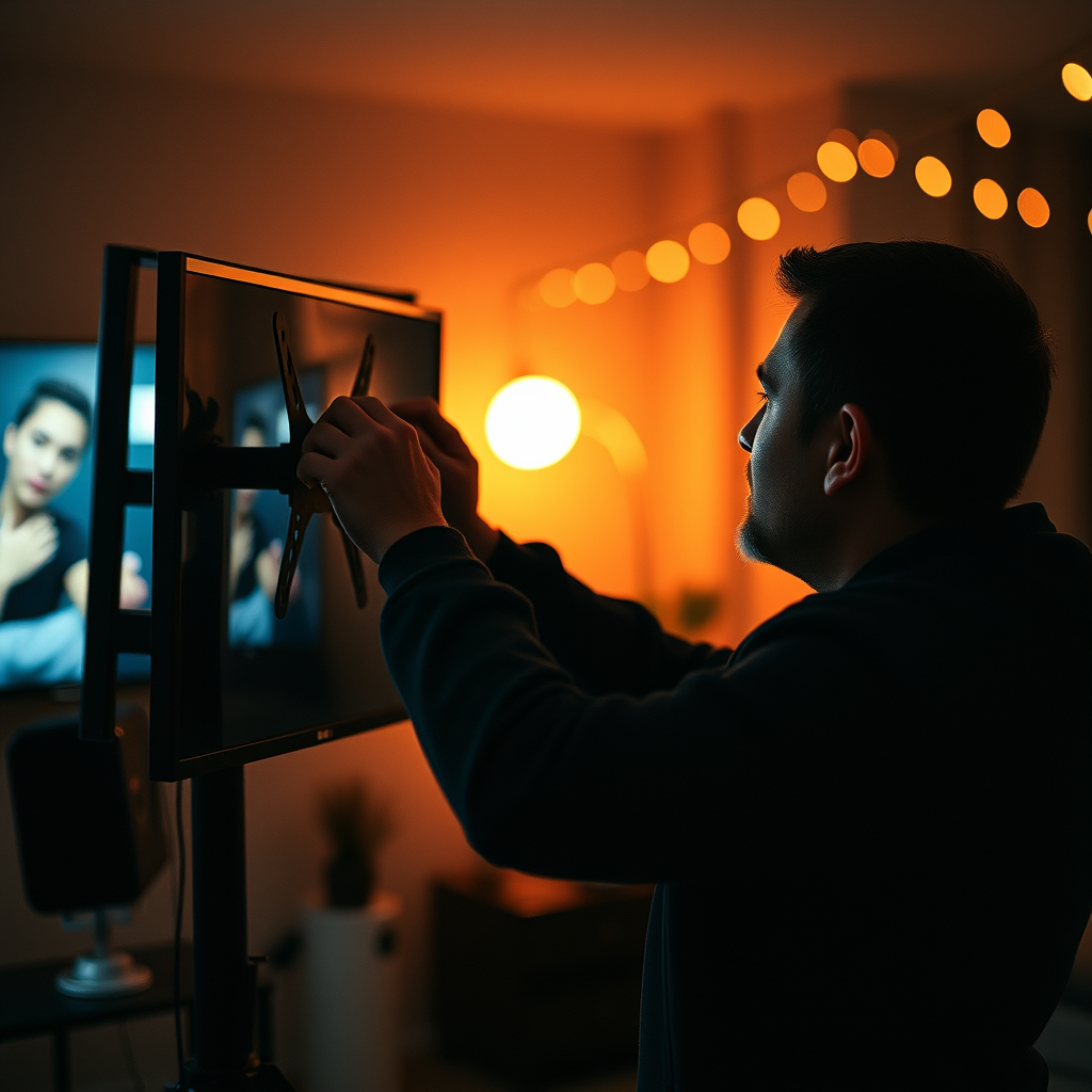 a man setting up a TV mounting